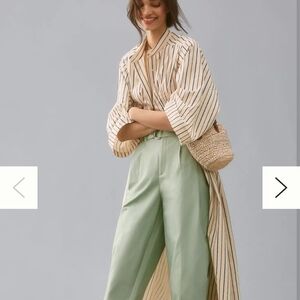 Anthropologie Striped Beige Blouse and Mint Green Pants